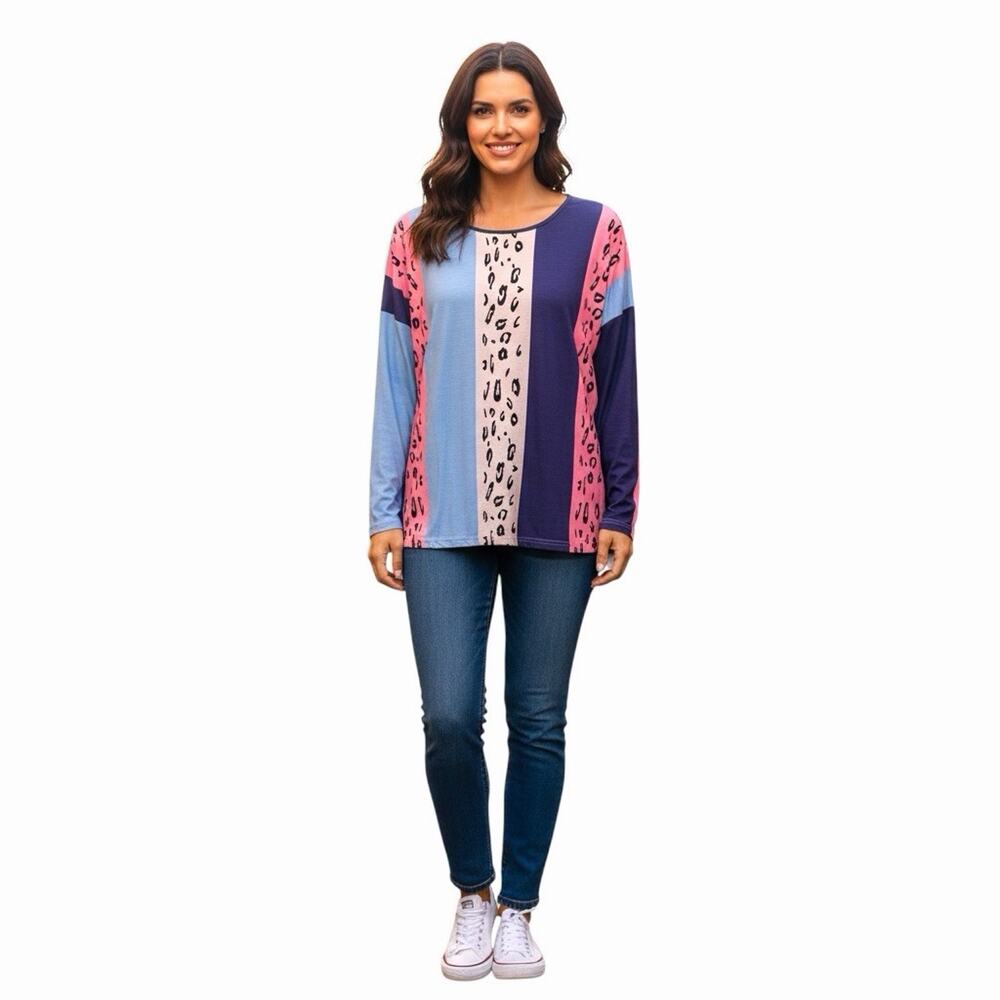 Women’s Color Block Long Sleeve Top Pink Blue Panel T-Shirt Size XL